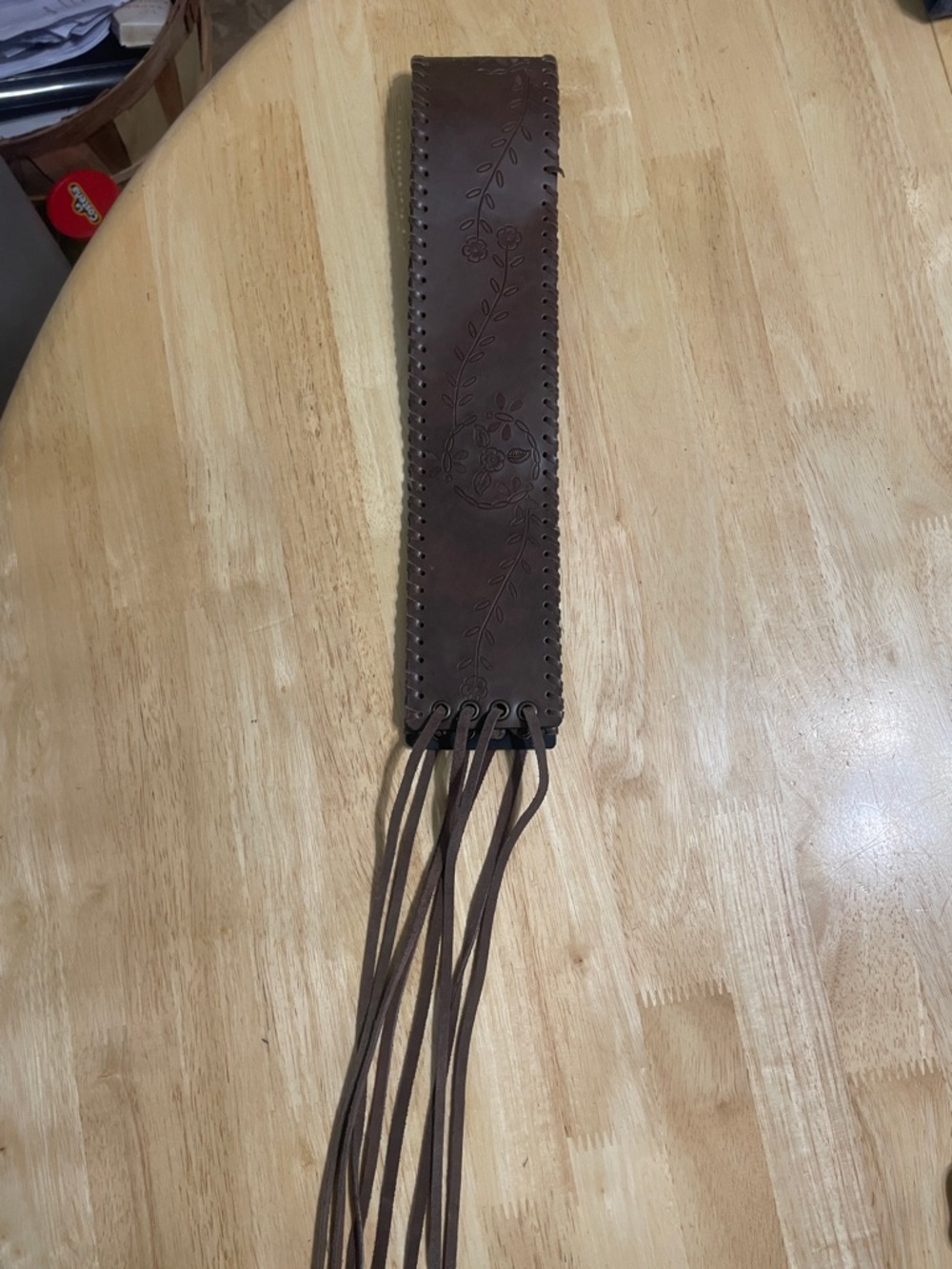 Brown Leather Fringe belt with Floral Embossing